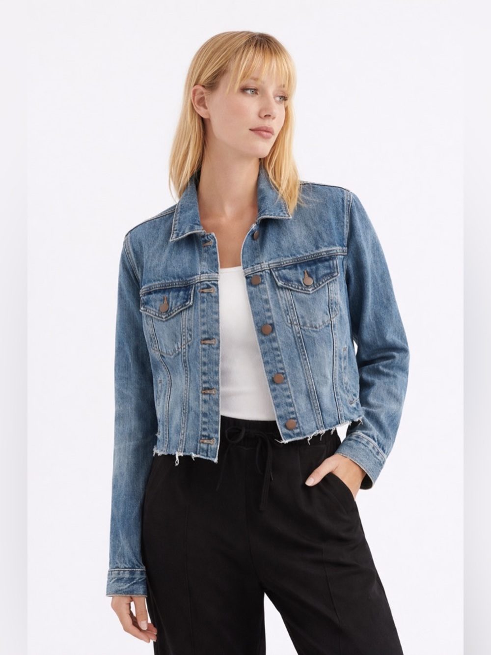 Gap 1969 Distressed Denim Jacket L Tall Raw Hem Medium Wash